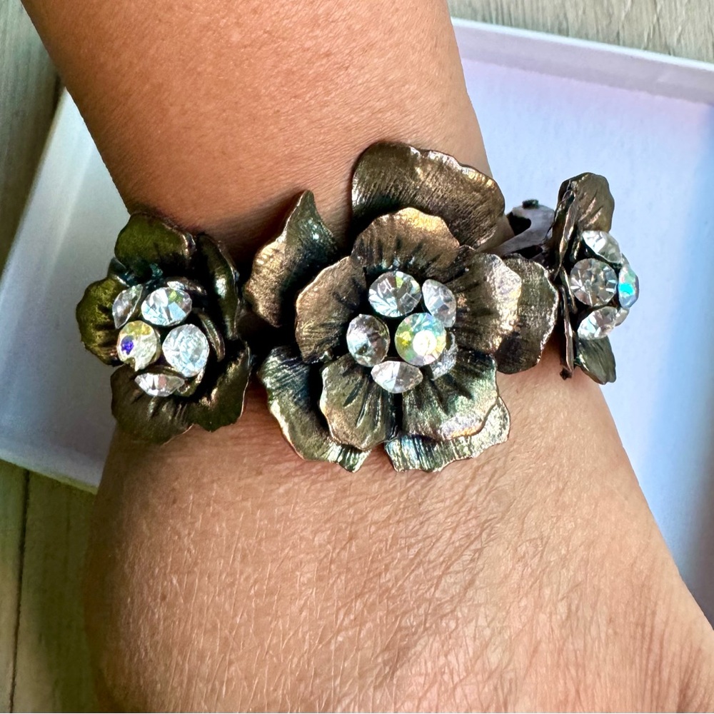 Floral Metallic Bracelet with Rhinestones